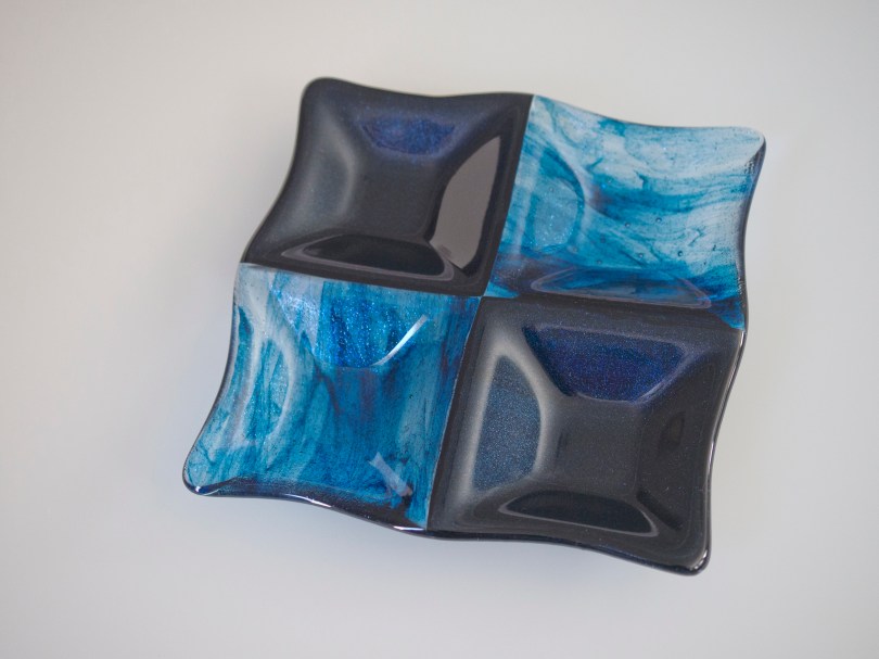 Glittery blue four-square dish