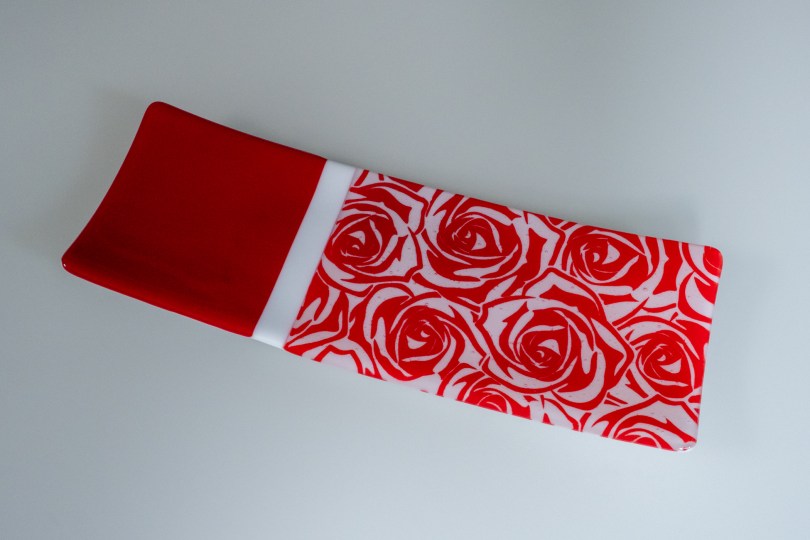 5x14 roses platter in glass enamels