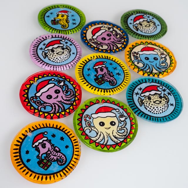 Reverse painted 2.5" ornaments - octopus, seahorse, pufferfish